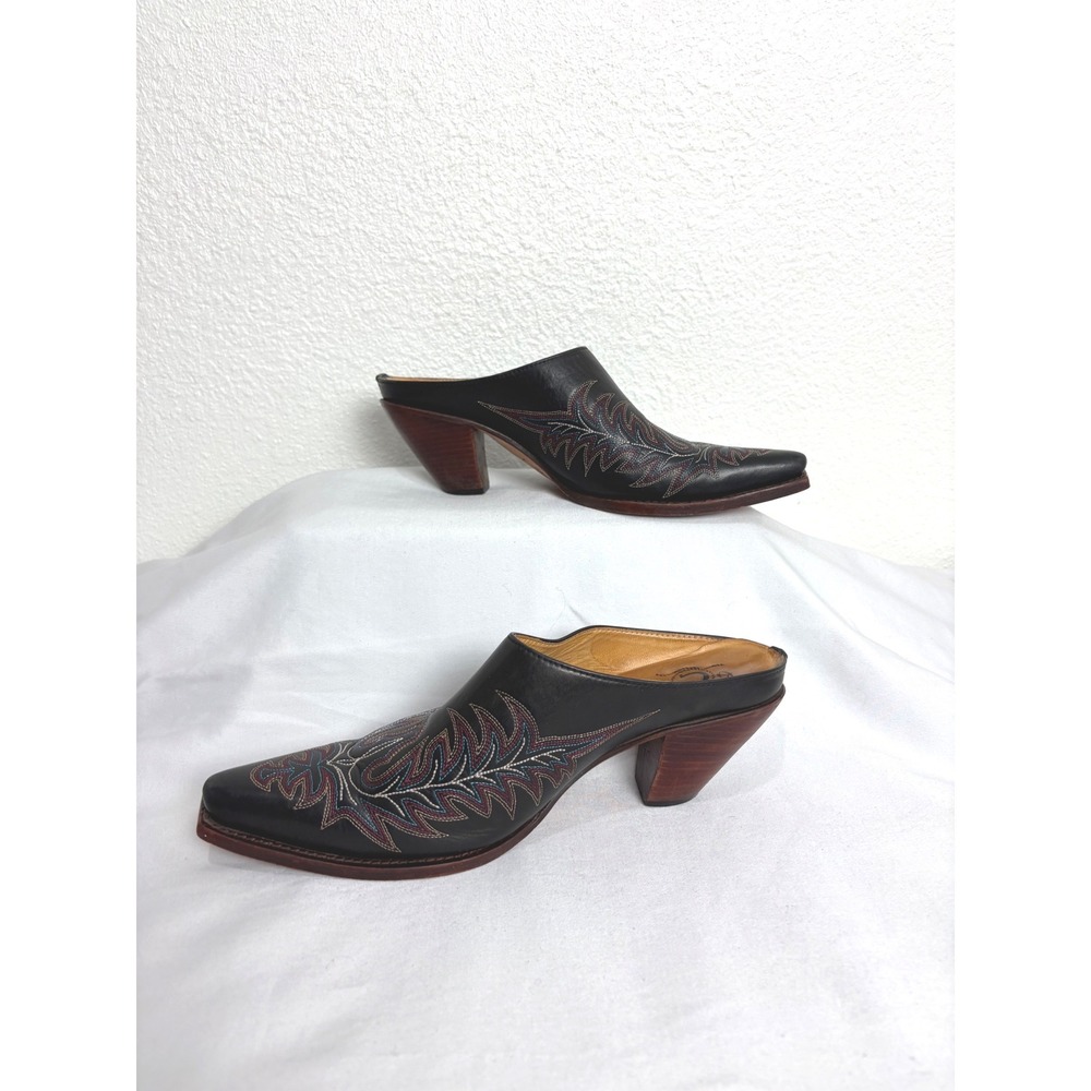 Black Embroidered Leather Snip Toe Heeled Mule Cowboy Boots Size 9 Western - Picture 2 of 7